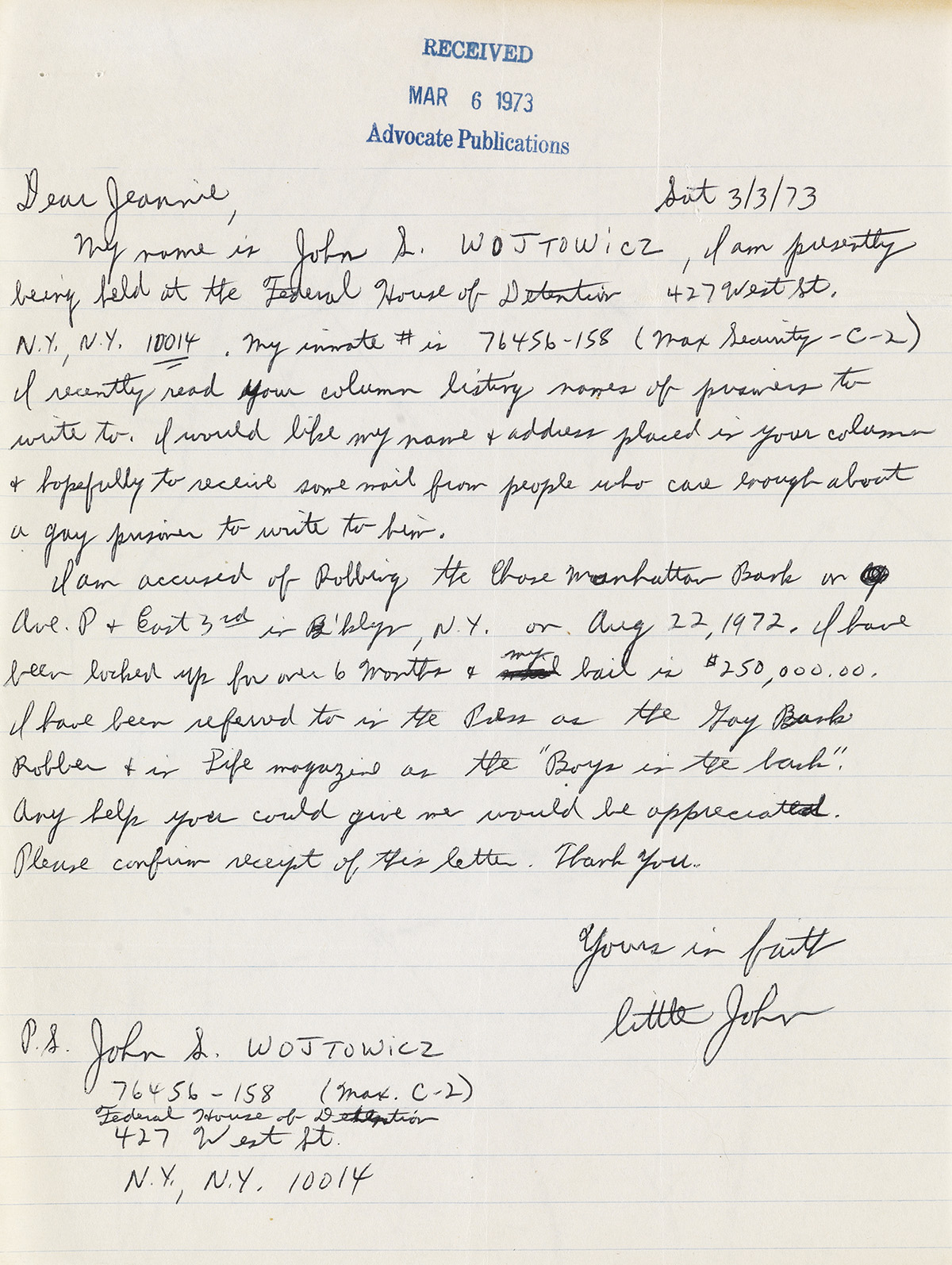 JOHN WOJTOWICZ (1945-2006)  File of correspondence by the Gay Bank Robber of Dog Day Afternoon fame.